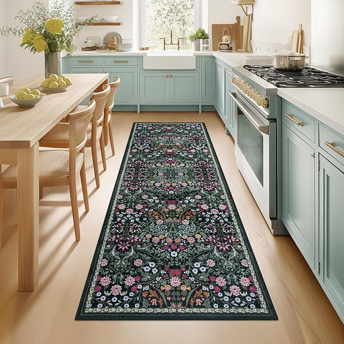Runner Rug for Entryway: 2.6x8 Kitchen Rugs Non Slip Washable Ultra-Thin Soft Floral Carpet Indoor Floor Stain Resistant Carpets for Hallway Bedroom Kitchen Laundry Bathroom Dorm Dark Green