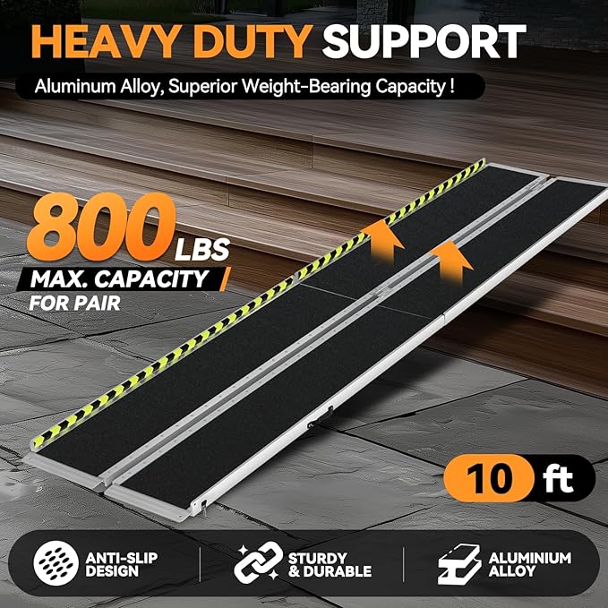 Auto Dynasty Wheelchair Ramp 10FT, Portable Folding Aluminum Wheel Chair Threshold Ramps for Home Steps Doorways, 800Lbs Capacity, 29Inch Width, Metallic/Black