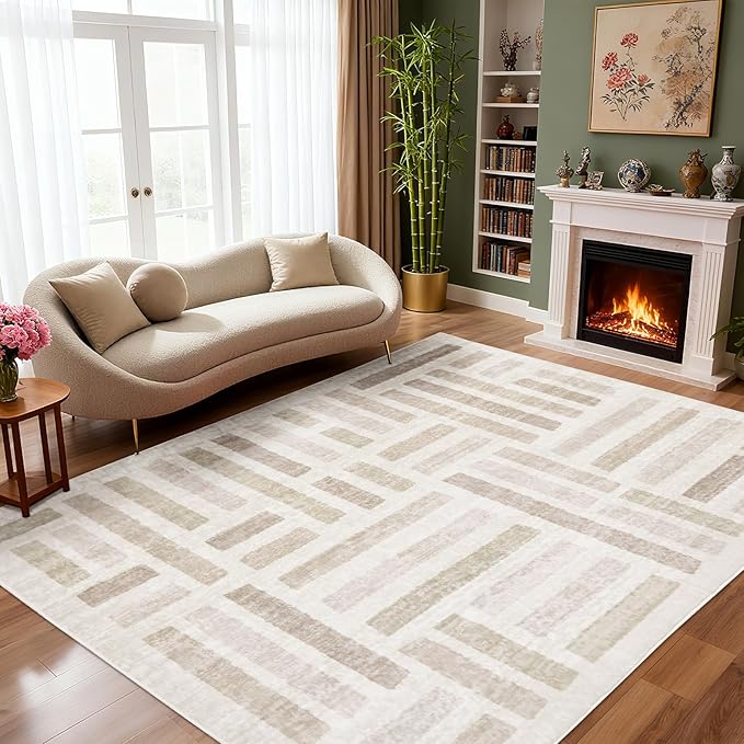 Washable Area Rugs, 8x10ft Soft Rug for Living Room and Bedroom Vintage Striped Rug Stain Resistant with Non Slip Backing Geometric Checkered Foldable Print Mat for Home Decor