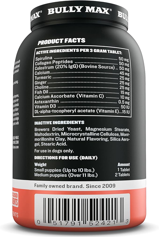 Bully Max 2-in-1 Puppy Vitamins - 30 Chewable Tablets for Development and Growth of Puppies - Dog Treats, Vitamin & Supplements for Small Dogs & Large Breed Growing Pups - Can Be Used as Food Topper