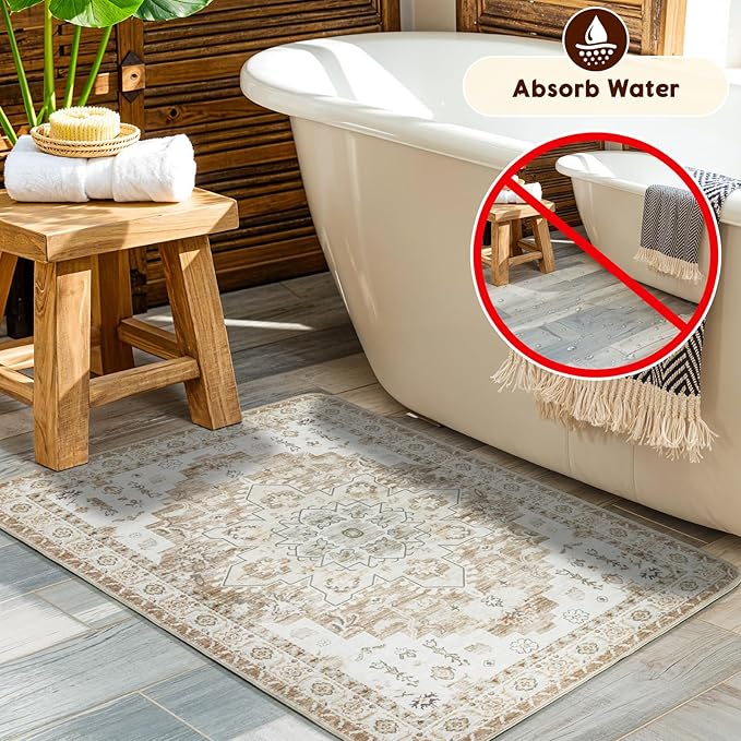 LBRO2M Boho Rug for Entryway Indoor Washable Rugs 3X5 Front Door Carpet Non Slip Throw Rugs, Small Rug for Bathroom Kitchen Rugs Pet Friendly Area Rugs Low Piles (3'X5' Butter Cream)
