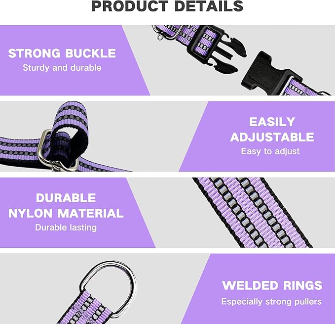 Hikiko Martingale Dog Collars Reflective Nylon Dog Collar with Quick Release Buckle Adjustable Training No Slip Dog Collar (Large, Lavender)