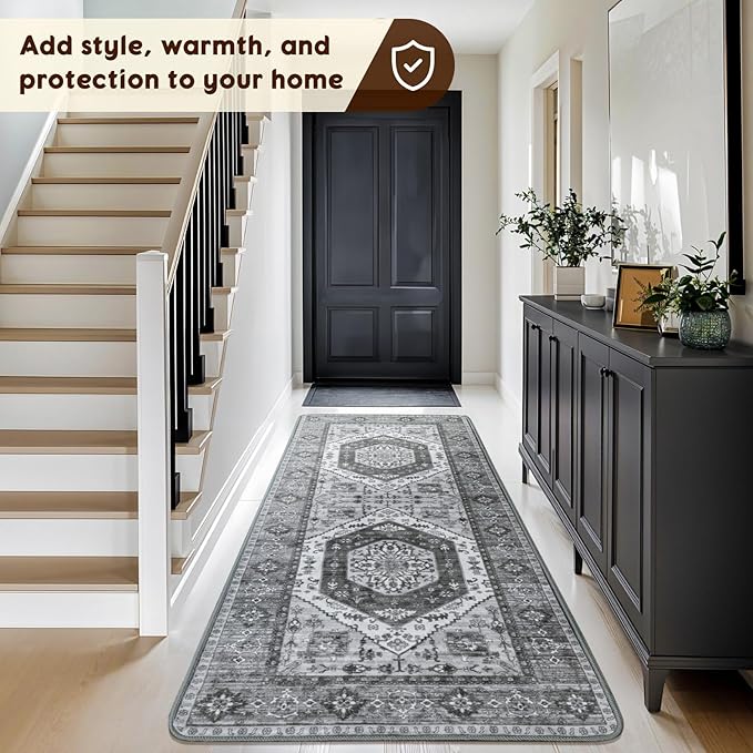LBRO2M Boho Washable Runner Rug 2'6“X8’ Washable Hallway Runner Rugs Dark Gray Non Slip Low Piles Rugs, Soft, Area Rug Runners for Hallways, Bedroom, Kitchen Laundry Room (2'6"X8', Dark Gray)