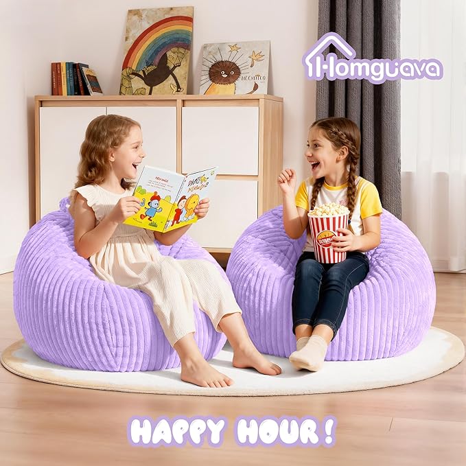 Homguava 2Pcs of 2FT Bean Bag Chair, 2' Small Bean Bags with Memory Foam Filled, Beanbag Chairs with Machine Washable Cover Dutch Corded Plush Cover for Classroom,Living Room,Bedroom-Purple
