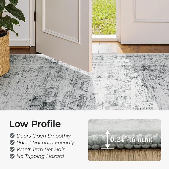 5x7 Washable Area Rugs for Living Room, Soft Faux Wool Carpets for Bedroom Dining Room, Neutral Vintage Distressed Non Slip Stain Resistant Grey White Rug for Home Office Decor