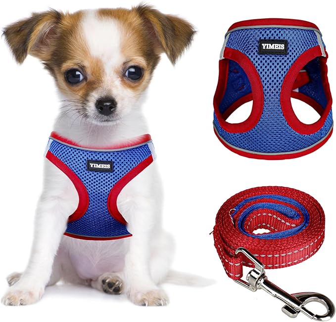 YIMEIS Dog Harness and Leash Set, No Pull Soft Mesh Pet Harness, Reflective Adjustable Puppy Vest for Small Medium Large Dogs, Cats (Red & Blue, Small (Pack of 1)