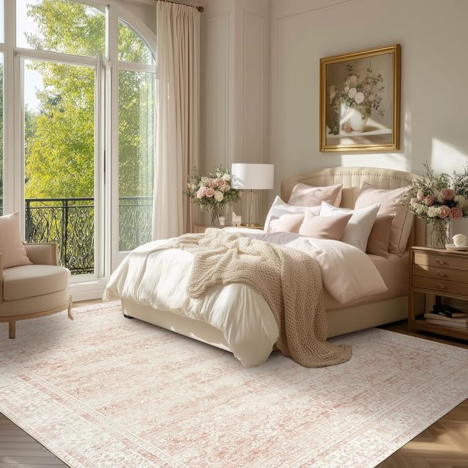 Light Pink Bedroom Rugs 6x9 Vintage Distressed Aesthetic Cute Boho Floral Feminine Low Pile Soft Carpet Machine Washable Stain Resistant Area Rugs for Kids Room Nursery Playroom Office 6 x 9