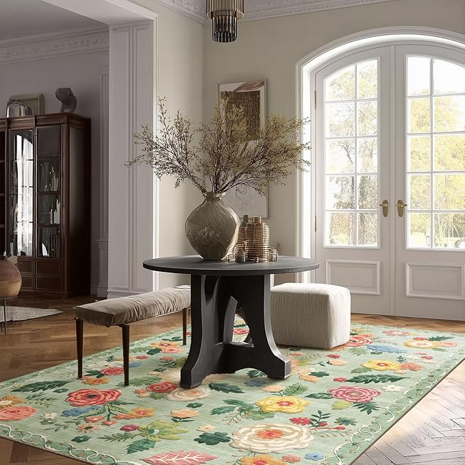4x6 Bedroom Area Rug Washable: Entry Throw Rug Stain Resistant Floral Green Rug Non Slip Low Pile Small Carpet for Bedroom Kitchen Entryway Living Room Bedside Office Dorm Kids Room Entrance