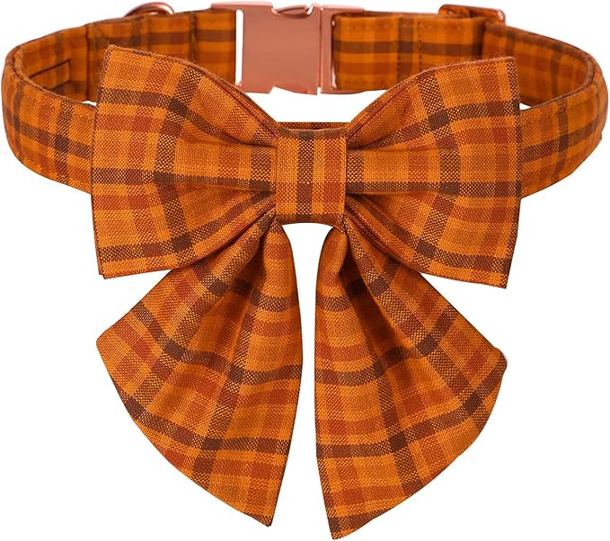 Maca Bates Fall Pumpkin Plaid Dog Collar with Sailor Bow Tie for Large Girl,Boy,Autumn Checkered Puppy Collars with Bowtie,Halloween Gingham Print Adjustable Breakaway Soft for Male Female Dogs