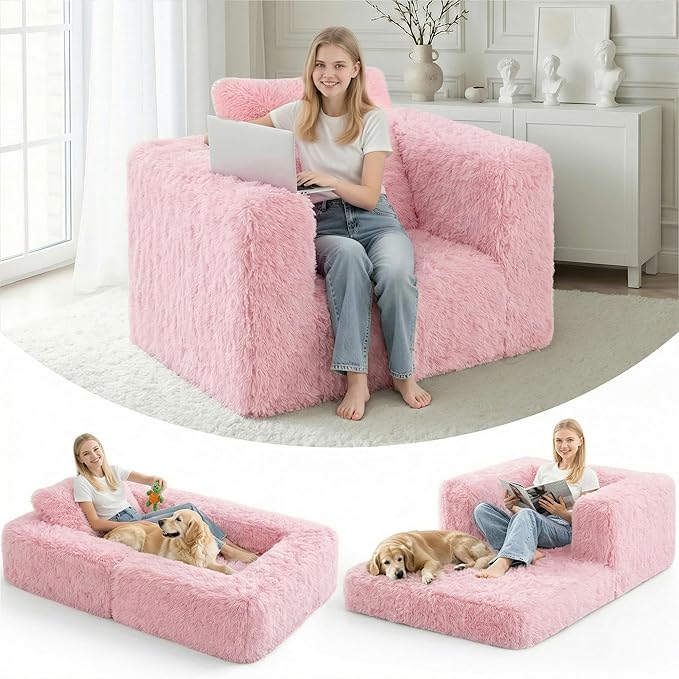 HABUTWAY Convertible Sofa Bed,3-in-1 Folding Futon Sofa Bed with Pillow, Foldable Sleeper Sofa Bed with Removable Cover,Plush Boneless Floor Chair Couch Lounge for Living Room,(Twin,Pink)