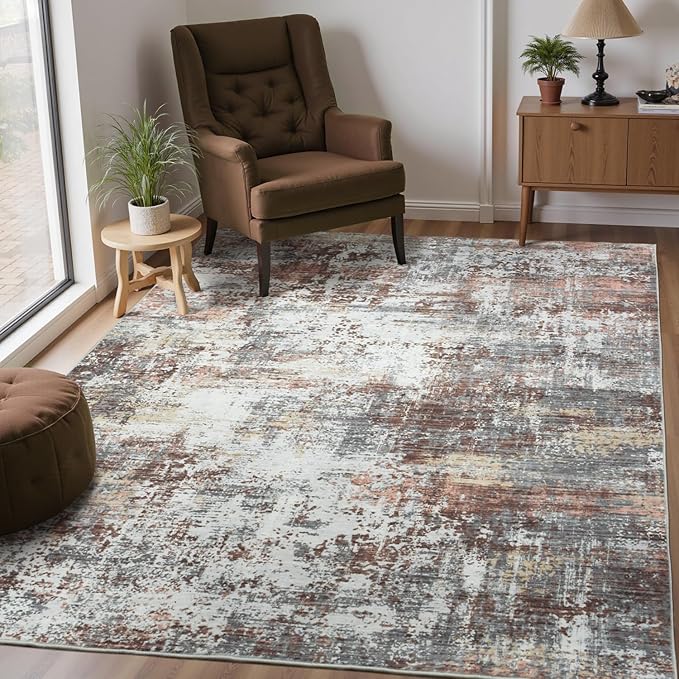 5x7 Area Rugs, Abstract Modern Machine Washable Rugs for Living Room, Neutral Soft Non-Slip Thin Print Floor Carpet for Bedroom Kids Room, Rust Red