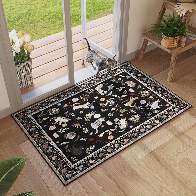 Rugcomf Door Mat Indoor Entrance 2x3 Rug Machine Washable Boho Floral Animal Cat Small Area Rug Non-Slip Low Pile Throw Rugs for Entryway Kitchen Front Door Indoor Entrance Entry Kids Room, Black