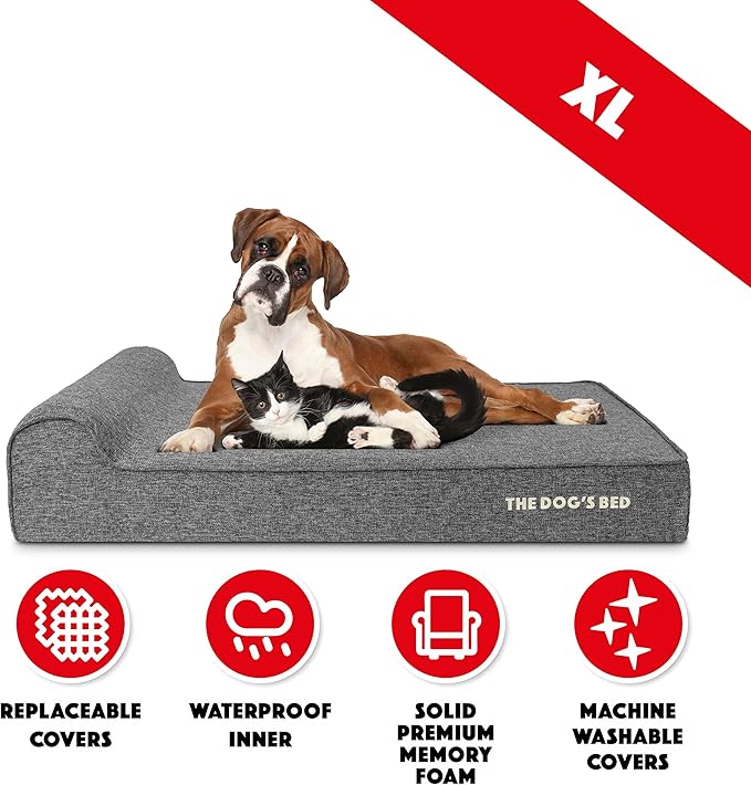 The Dog’s Bed Orthopedic Memory Foam Dog Bed with Headrest, Linen Fabric, Grey Linen, XL, 6-Inch