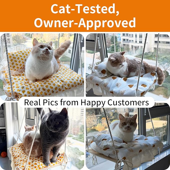 Cat Window Perch, Heavy Duty 20KG/44LB Suction Cup Hammock Bed with Soft Cushion, Secure & Stable Window Mount for Lazy Time, Bird Watching, Safe for Large Cats, 18.9"x14.5" (Yellow Duck)