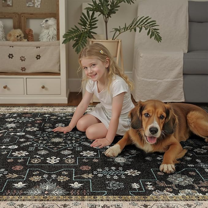 DCX Machine Washable Black Area Rug 9x12, Non Slip Stain Resistant Vintage Area Rug for Living Room Diningroom Bedroom Nursery, Soft Low Pile Large Carpet