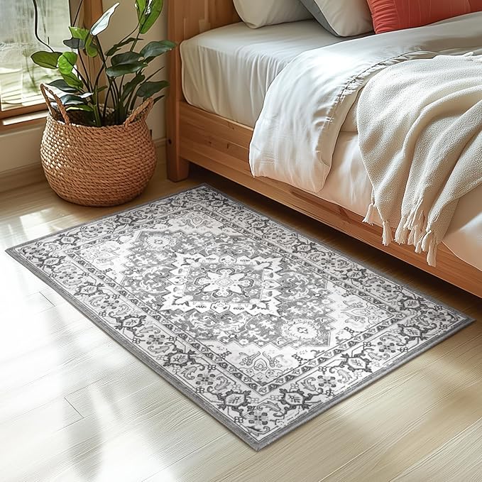 Lessymo 2 x 3 Entryway Rug - Machine Washable Area Rugs Boho Faux Wool Low Pile Area Rug for Bedroom, Floral Medallion Vintage Outdoor Rugs with Non-Slip Rubber,Grey Beige