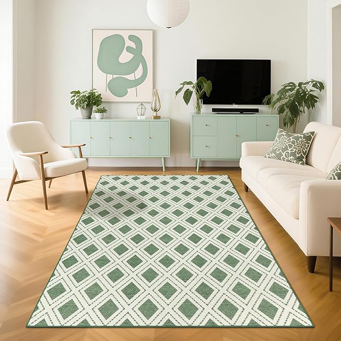 LBRO2M Checkered Rug 5X7 Washable Rugs for Living Room Bedroom Non Slip Rugs Easy Clean, Soft Low Piles Stain Resistant Carpet Geometric Area Rug Great for Pets and Family (5'X7' Green)