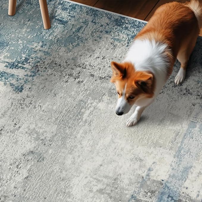 8 Foot Runner Rug: Washable Non-Slip Abstract Carpet for Kitchen Entryway Bedroom - Soft Stain Resistant Easy Clean Mat for Family with Pets 2.6x8 Blue