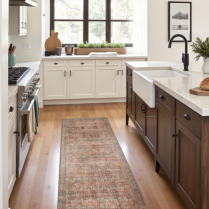 2x7 Runner Rug Machine Washable Boho Rug Runners for Hallway,Ultra-Thin Low Pile Rug,Lightweight Indoor Carpet,Non Slip Floral Runners for Enrtyway, Corridor, Home Office, Kitchen,Terracotta/Indigo
