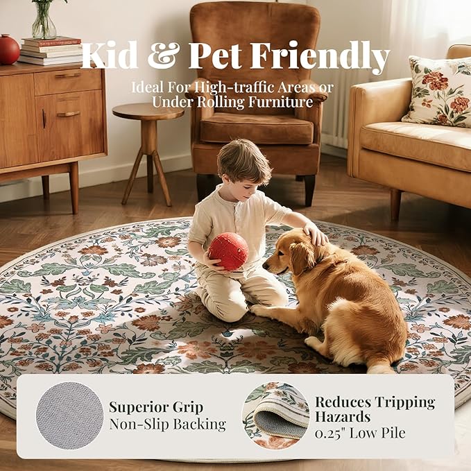 Floral Area Rug for Living Room: 6x6 Round Washable Soft Low Pile Thin Indoor Carpet, Non Slip Stain Resistant Vintage Flower Boho Accent Large Rugs for Bedroom, Dining, Home Office, Nursery - Beige