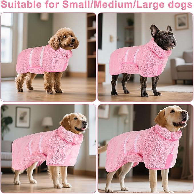 Bienbee Dog Bathrobe, Quick Drying Super Absorbent Dog Robes for After Bath, Warm Keeping Dogs Towel, Dogs Bath Supplies, Pink L
