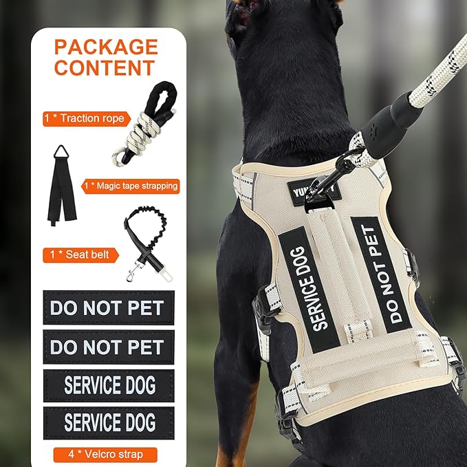 Escape Proof Dog Harness for Large Medium Sized Dogs Six Point Adjustable, Service Dog Vest Harness and Leash Set, No Pull Dogs Harnesses with Handle, XL Dog Harnesses for Walking(Beige, L)