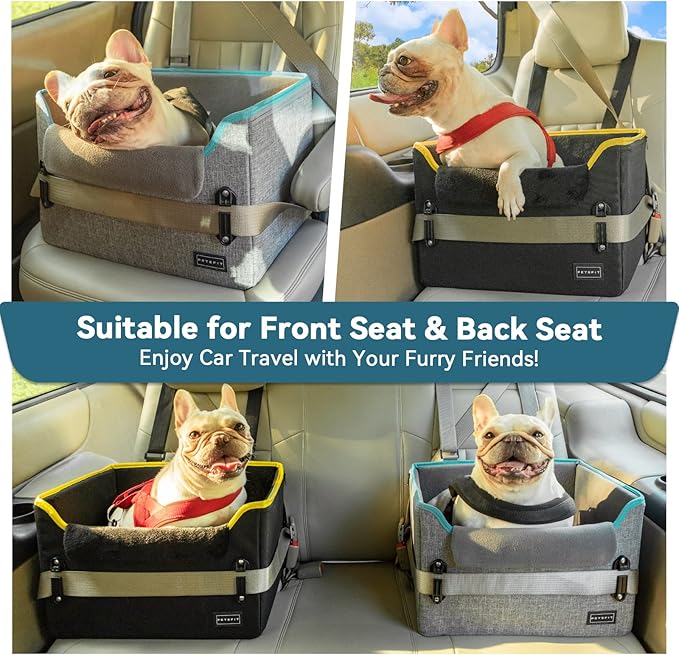 PETSFIT Small Dog Car Seat – Patented Safety Buckles – Safety Tether – Foldable Travel Dog Booster Car Seat Reduces Anxiety & Road Trips – Stable Frame, Soft Cushion, Fits Front/Back Seat