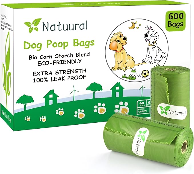 Dog Poop Bags Rolls-600 Counts, 40Rolls, Biodegradable Poop Bags Made of Cornstarch, 100% Leak Proof and Easy to Open (Green)