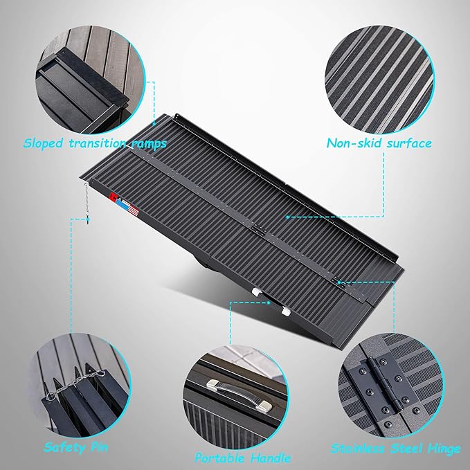 Black Portable Wheelchair Ramp, 5FT No-sew Non-Slip Aluminum Wheelchair Ramp, Folding Portable Wheelchair Ramps for Home, Weight Capacity Up to 800 LBS, Loading Dock Plates
