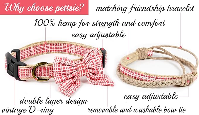 Pettsie Dog Bow Tie Collar with Matching Friendship Bracelet – Adjustable, Durable Hemp & Soft Cotton, Stylish & Comfortable for Sensitive Skin, Elegant Gift Box, Medium, Pink