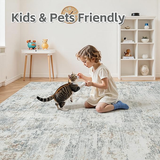 8x10 Area Rugs Living Room Rug Modern Abstract Neutral Washable Rugs Non Slip Soft Carpet Large Area Rug Low Pile Stain Resistant Non Shedding for Bedroom Nursery Dining Room Home Office Gray Brown