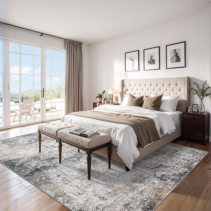 Area Rugs 9x12 Living Room - Washable Rug Modern Abstract Soft Large Neutral Non-Slip Carpet Indoor Floor Thin Carpets for Bedroom Dining Room Farmhouse Nursery Home Office Brown Black Grey