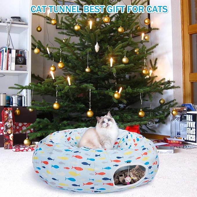 Ownpets Large Cat Tunnel Bed, Soft Plush Cat Donut Tunnel Bed with Washable Cushion, Peekaboo Cat Cave for Indoor Kitten, Puppy, Rabbit, Blue