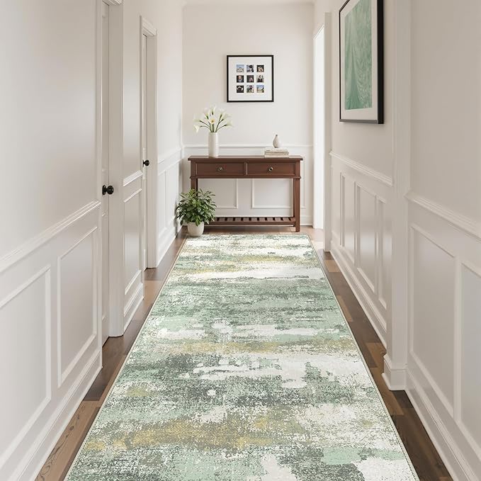 Runner Rug for Hallway Kitchen, 2'6"x7' Machine Washable Runners Rug for Entryway, Soft Modern Abstract Throw Rugs, Low Pile Floor Cover with Non Slip Backing, Light Green