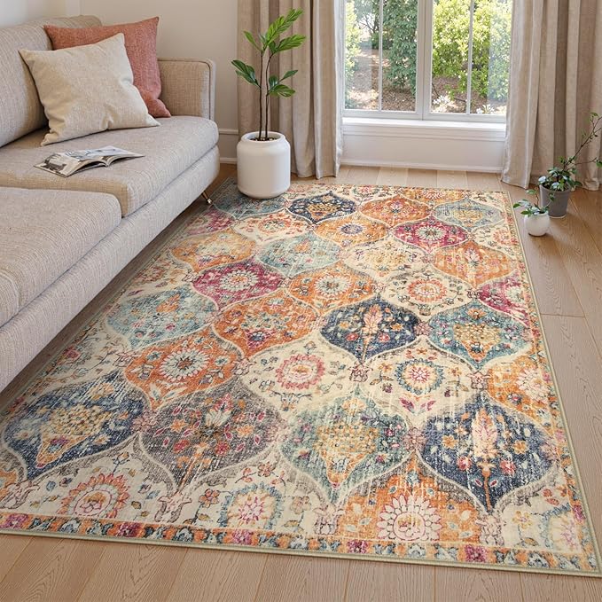 Lahome Moroccan Machine Washable Rugs for Living Room, 4x6 Rug for Bedroom Non-Slip Vintage Trellis Ultra-Thin Throw Carpet for Dining Room Office Nursery, Cream/Multi