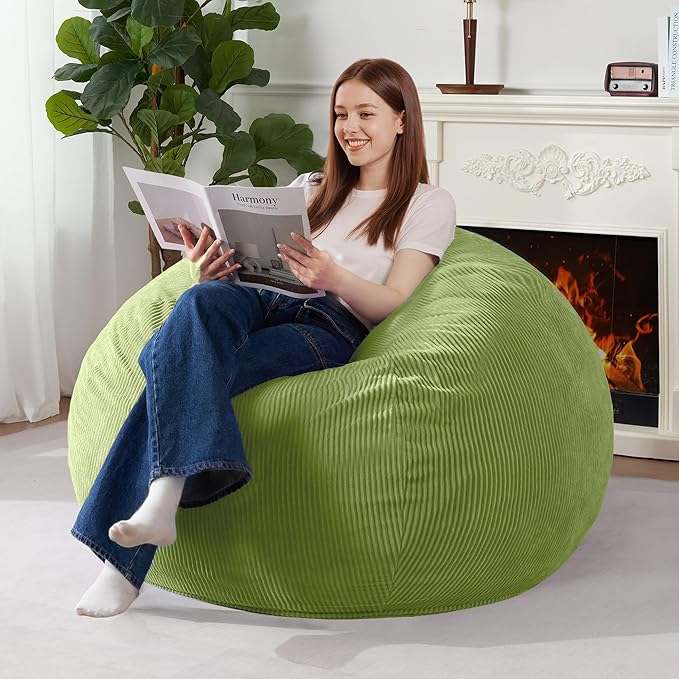 Homguava 4FT Bean Bag Chair for Adults,Teardrop Bean Bags Big Beanbag Chair with Memory Foam Filled and Ultra Soft Removable Corduroy Cover for Living Room, Bedroom (Green)