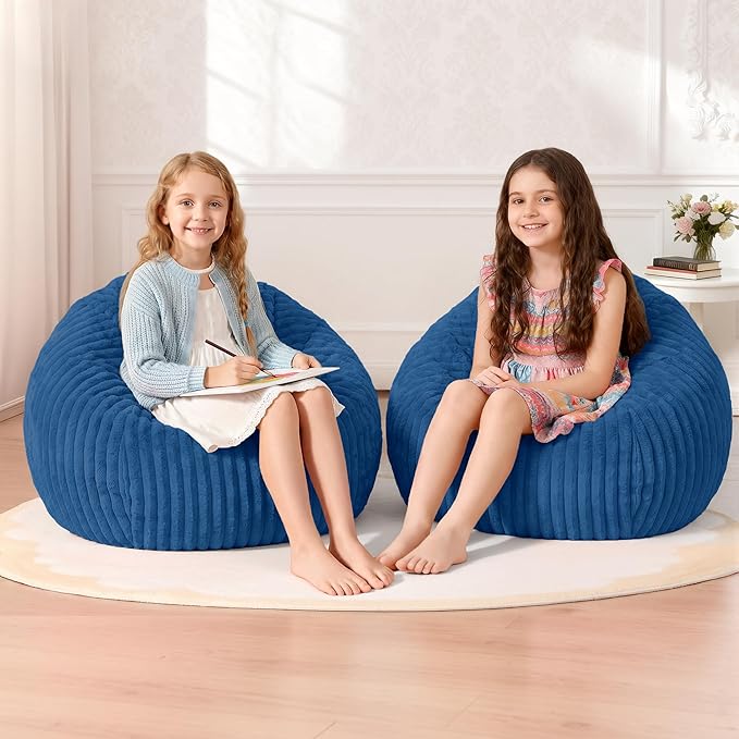 Homguava 2Pcs of 2FT Bean Bag Chair, 2' Small Bean Bags with Memory Foam Filled, Beanbag Chairs with Machine Washable Cover Dutch Corded Plush Cover for Classroom,Living Room,Bedroom-Blue