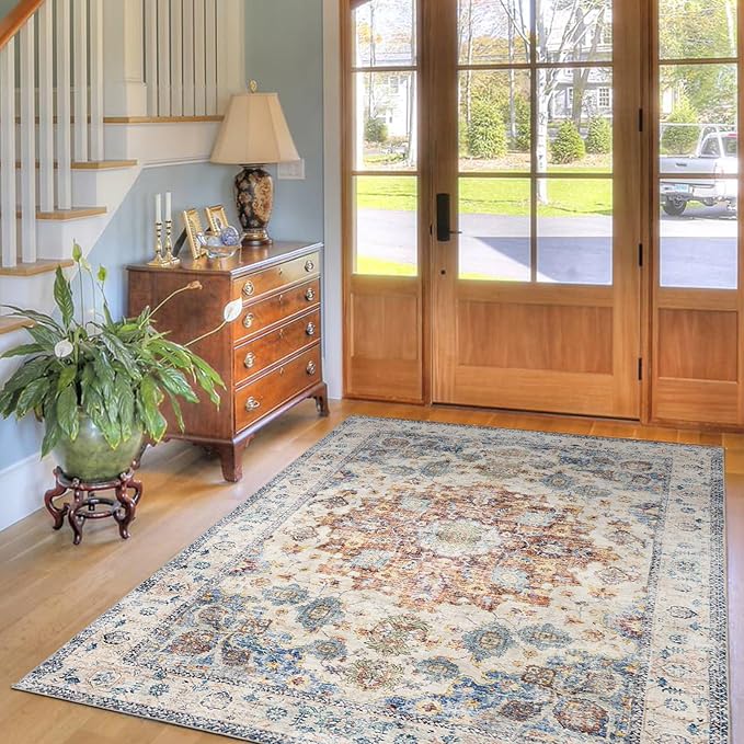Area Rug 3횞5, Vintage Boho Rug,Ultra-Soft Low Pile, Washable, Non Slip,Stain Resistant Printed Carpet for Living Room Bedrooms Playroom Office Kitchen, Blue/Red