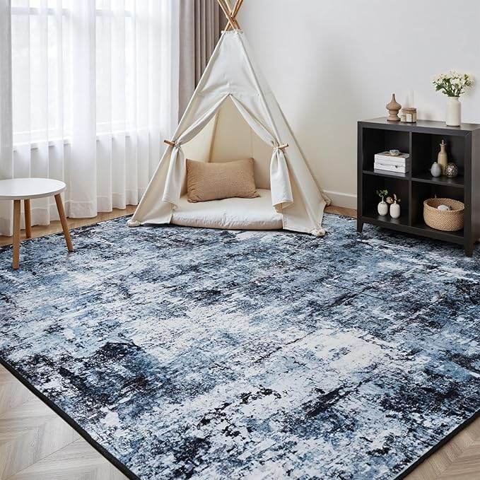 Rugflix 2x6 Runner Rug for Entryway, Kitchen Rugs Soft Non-Slip Washable Runners for Hallway, Abstract Small Carpet with Non-Slip Rubber for Bedroom, Living Room, Navy Blue/Black