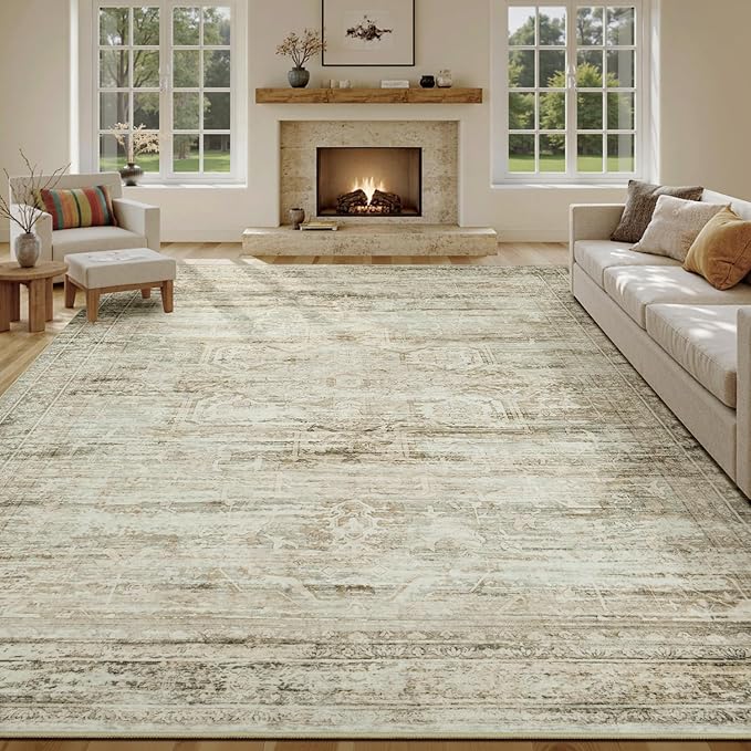 Large Area Rugs 9x12 Living Room, Washable Soft Faux Wool Carpet for Bedroom Dining Room, Neutral Vintage Distressed Non Slip Stain Resistant Beige Rug for Office Decor