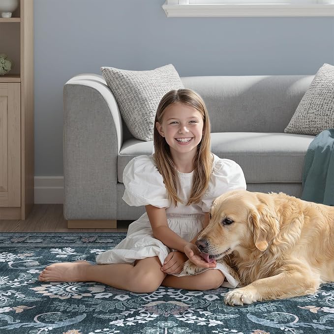 DCX Navy Blue 4x6 Area Rug, Machine Washable Non Slip Stain Resistant Soft Vintage Floral Rug, for Living Room, Bedroom, Dining Room, Soft Low Pile Large Carpet