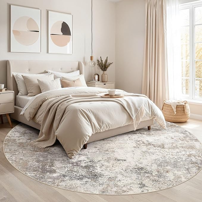 8ft Round Area Rug Living Room Rugs - 8x8 Washable Neutral Modern Abstract Soft Thin Rug Indoor Floor No Slip Rug Carpet for Bedroom Under Dining Table Home Office Decor - Brown Grey