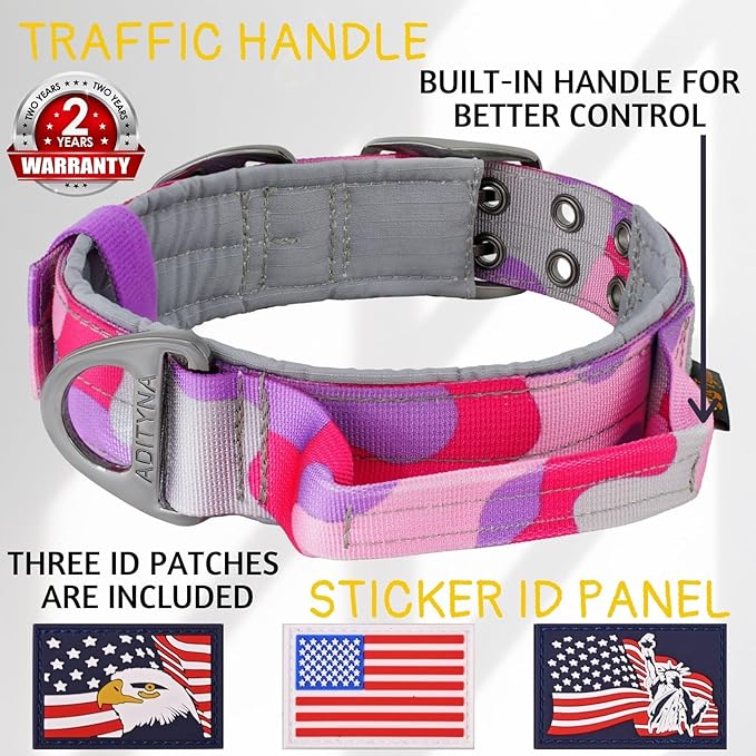 ADITYNA Heavy Duty Dog Collar for Extra-Large Dogs - Camo Pink Purple Collar with Handle for Training, and Walking - Wide, Tactical, Soft Neoprene Padded