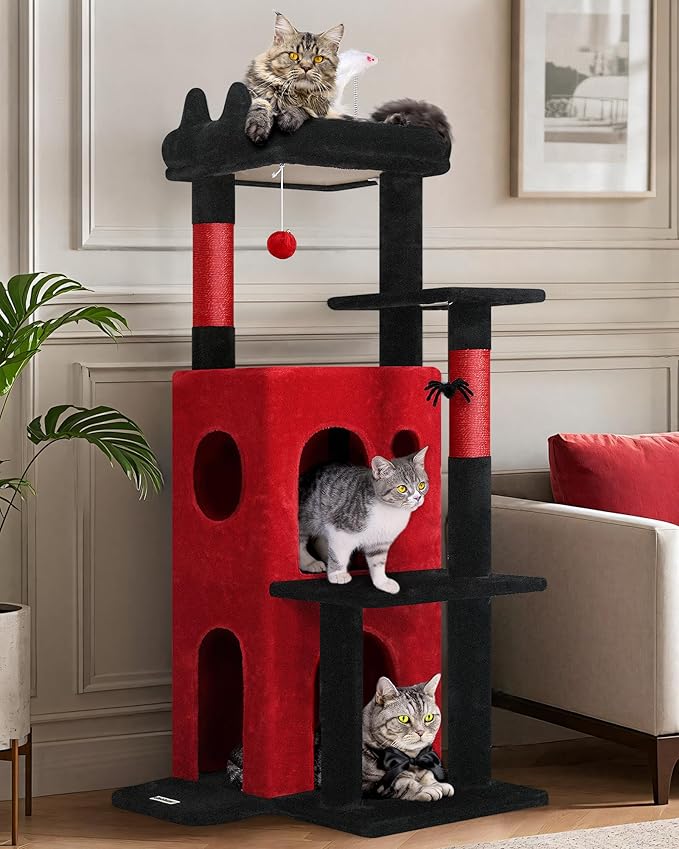 Globlazer Gothic Cat Tree Tower for Indoor Cats, 50-inch Goth Adult Cat Tree House for Large Adult Cats with Steps, Scratching Post, 2 Cat Caves, Dangling Toys, FC50, Blood-Goth