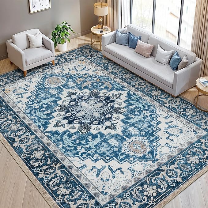 Lofus 8x10 Area Rugs for Living Room, Washable Area Rug, Rugs for Bedroom, Kitchen, Vintage Boho Carpet, Soft Non-Slip, Low Pile Large Area Rug for Office Dining Room, Floral Light Blue