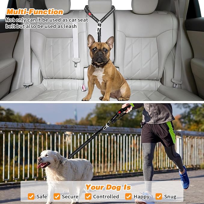 BWOGUE 2 Piece Dog Seat Belt for Car with Elastic Bungee Buffer Safety Seatbelt Car Headrest Restraint Wear Adjustable Metal Buckle Harness in Vehicle Travel for Pet