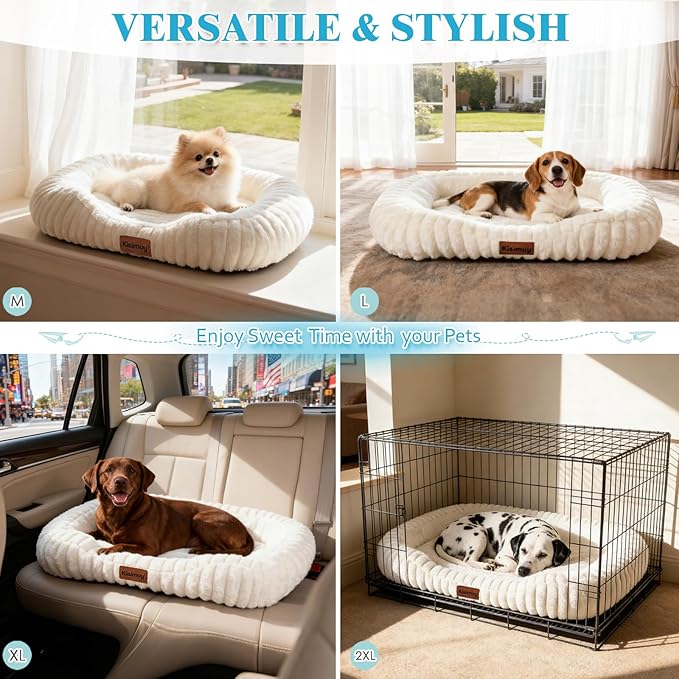 Orthopedic Dog Bed for Large Dogs, Comfort-Sided Calming Pet Bed with Breathable Memory Foam, Plush Faux Rabbit Fur & Non-Slip Bottom, Machine Washable with Carry Handle, 35"x27"x5.5", Cream