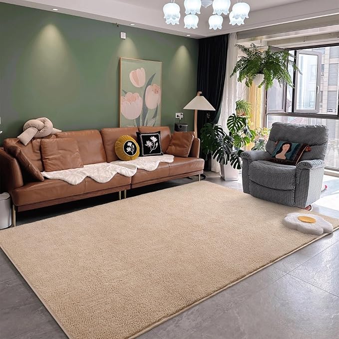 DweIke 5x7 Beige Area Rugs for Bedroom, Super Soft Living Room Rug, Thickened Memory-Foam Throw Carpet, Non-Slip and Washable Carpets for Kids Boys Girls Room Dorm Nursery Home Decor