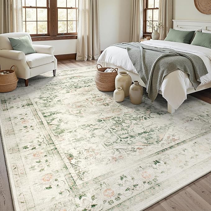 DCX 6x9 Green Rug, Machine Washable Stain Resistant Distressed Vintage Rug, Kid & Pet Friendly with Rubber Back Non Slip Soft Low Pile Large Carpet for Living Room, Bedroom, Home Office