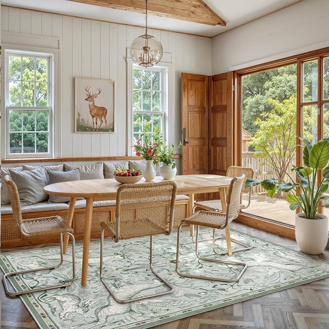 Lahome Boho Animal 5x7 Washable Living Room Area Rugs, Green Soft Rugs for Bedroom, Botanical Large Boho Non Slip Dining Room Carpet for Under Table Entryway Kitchen Office (5x7ft,Light Green)